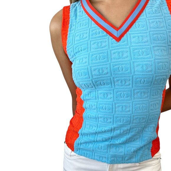 CHANEL Vintage 02S CC Mark Logo Tank Top #38 Terry Orange Blue Nylon [103087] - Picture 3 of 10